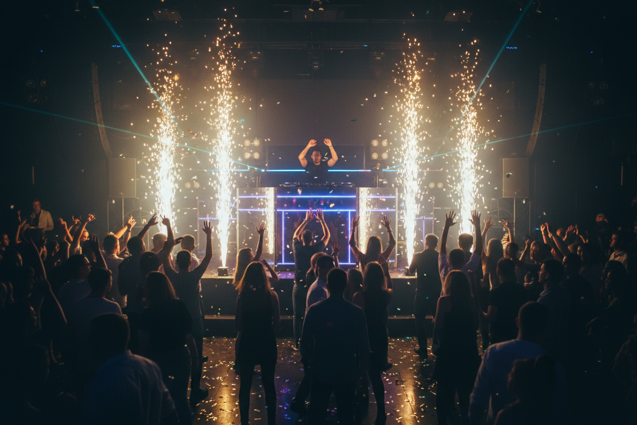 Cold spark machines at DJ nightclub event with crowd celebrating