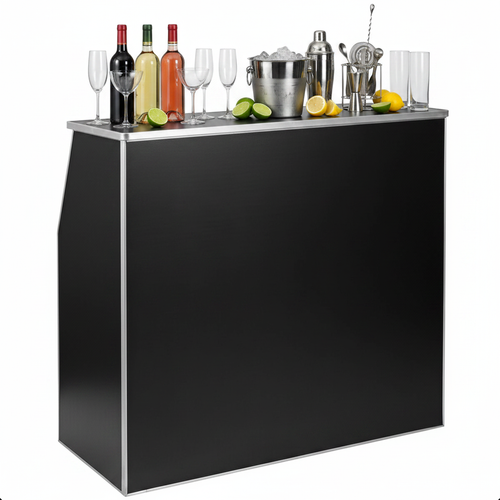 Black aluminum edge portable bar styled with bottles, glasses and bar accessories
