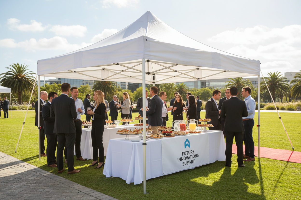 10x10 white heavy duty party tent at a corporate outdoor event