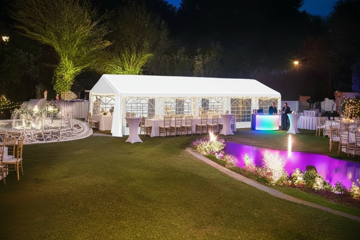 Premium event package wedding setup with large canopy tent, Chiavari chairs, round and rectangular tables, LED bar