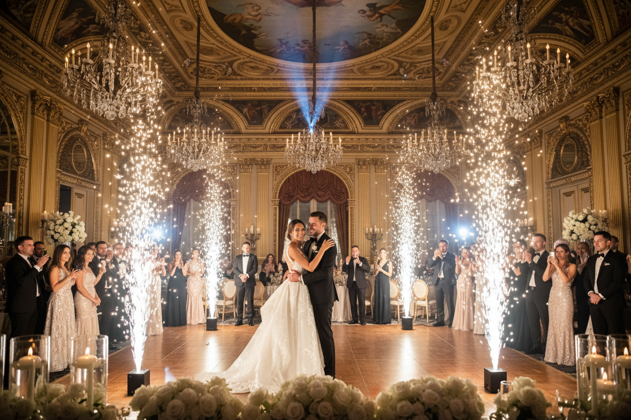 Cold spark machine at wedding reception with bride and groom on dance floor