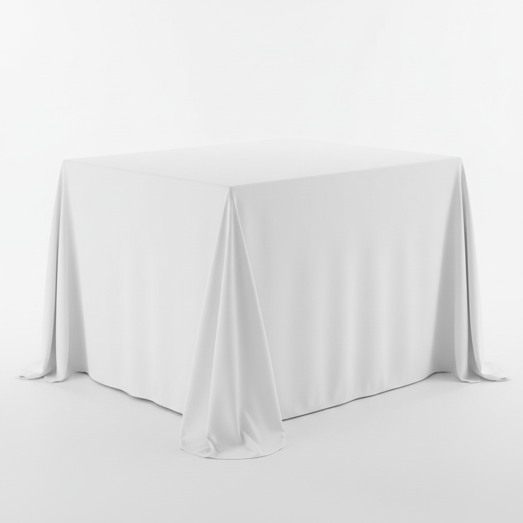 White 70x120 inch rectangular table cover on a 6-foot banquet table