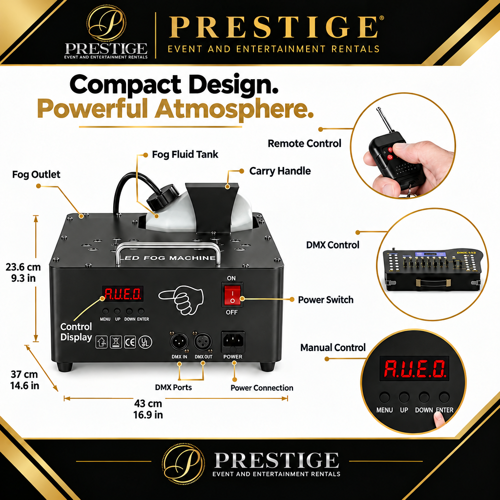 Prestige fog machine dimensions and hardware.