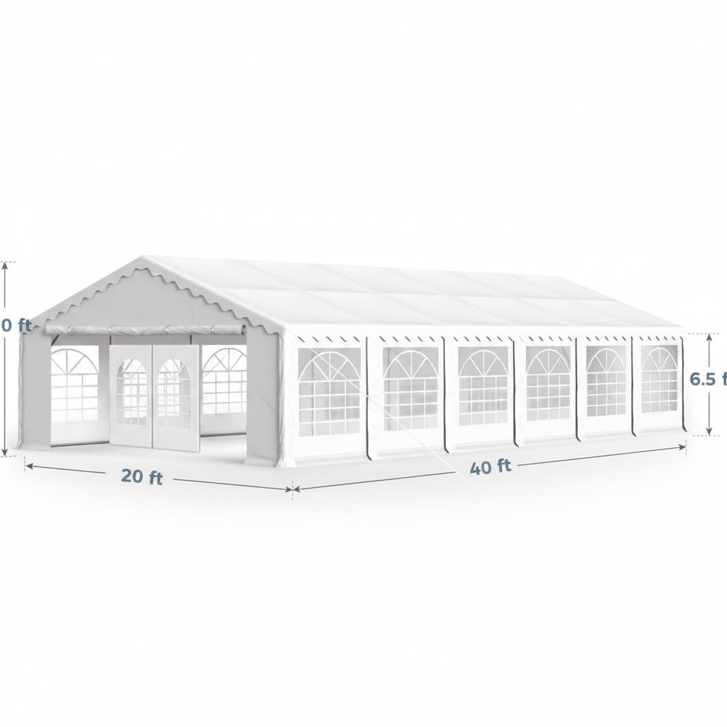 20x40 White Party Tent exterior with dimensions 20ft x 40ft