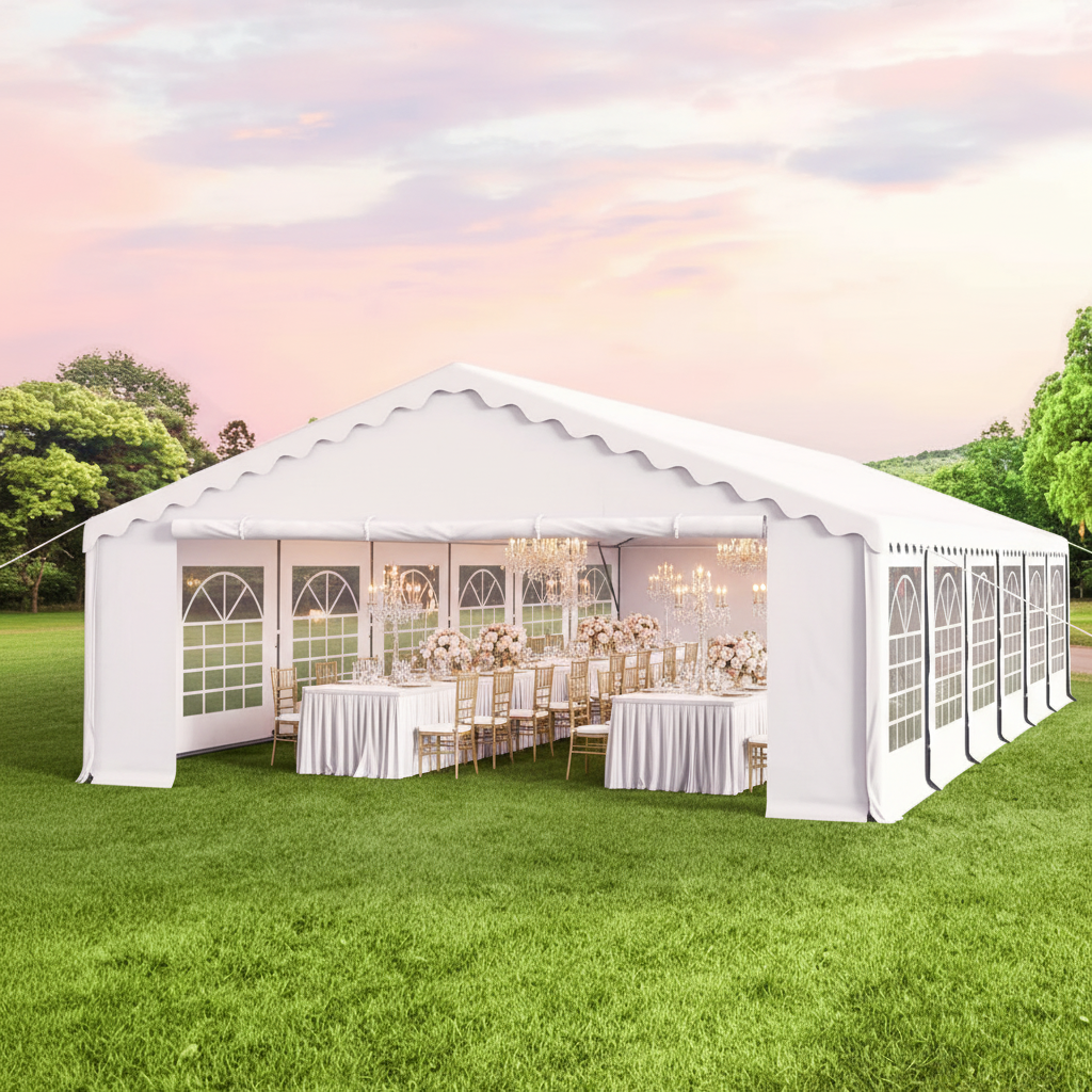 20x40 White Party Tent open front view with luxury wedding setup inside