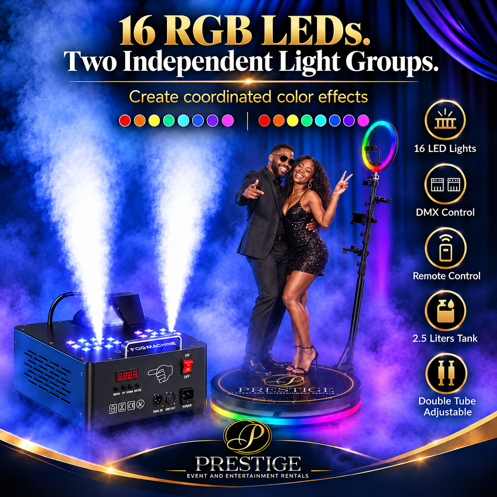 Prestige fog-machine concept featuring a Black couple on a 360 photobooth surrounded by blue-purple fog.