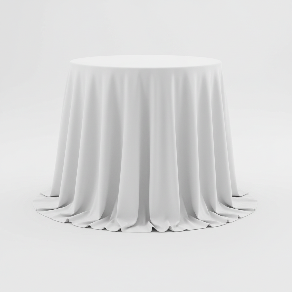 White 120-inch round table cover on a round banquet table