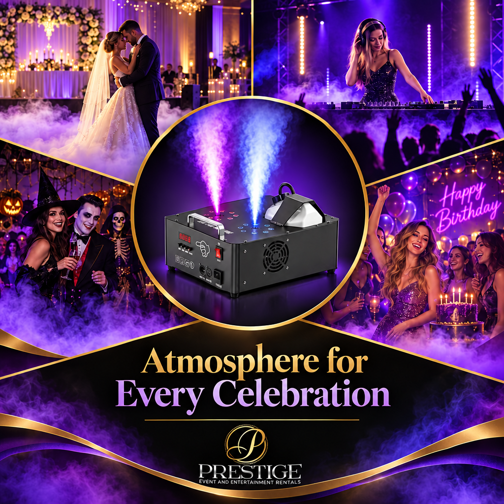 Prestige fog machine event concept collage.