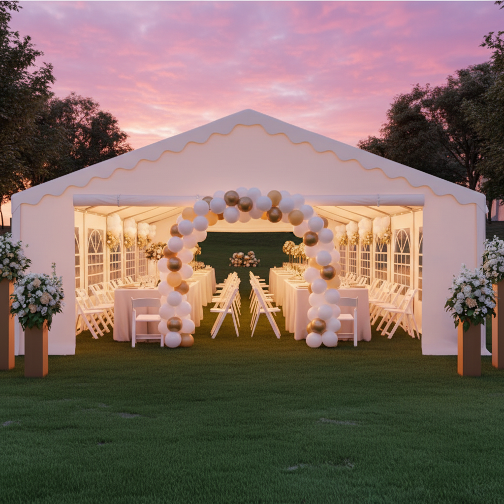 20x40 White Party Tent glamorous golden hour exterior view