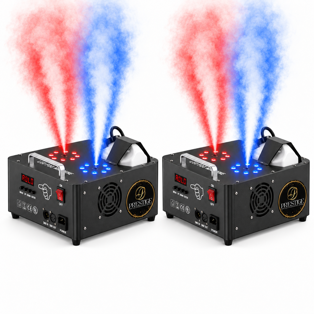Two Prestige fog machines on a white background